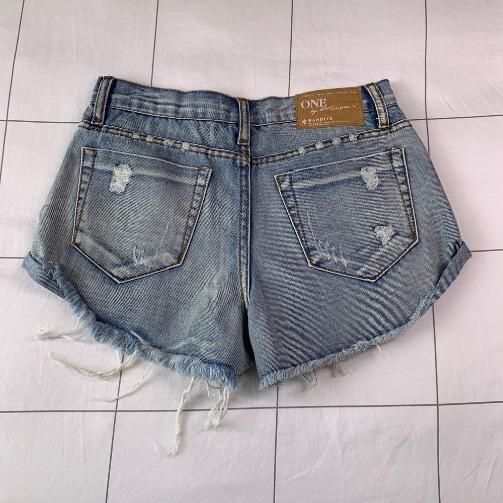 One Teaspoon Shorts Womens 25 Blue Bandits High Rise Distressed Raw Hem Ripped - Picture 2 of 10